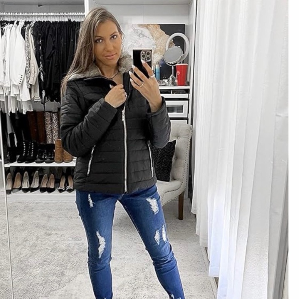 Women Casual Faux Fur Lapel Zip Pockets Quilted Parka Jacket Puffer Coat Black m